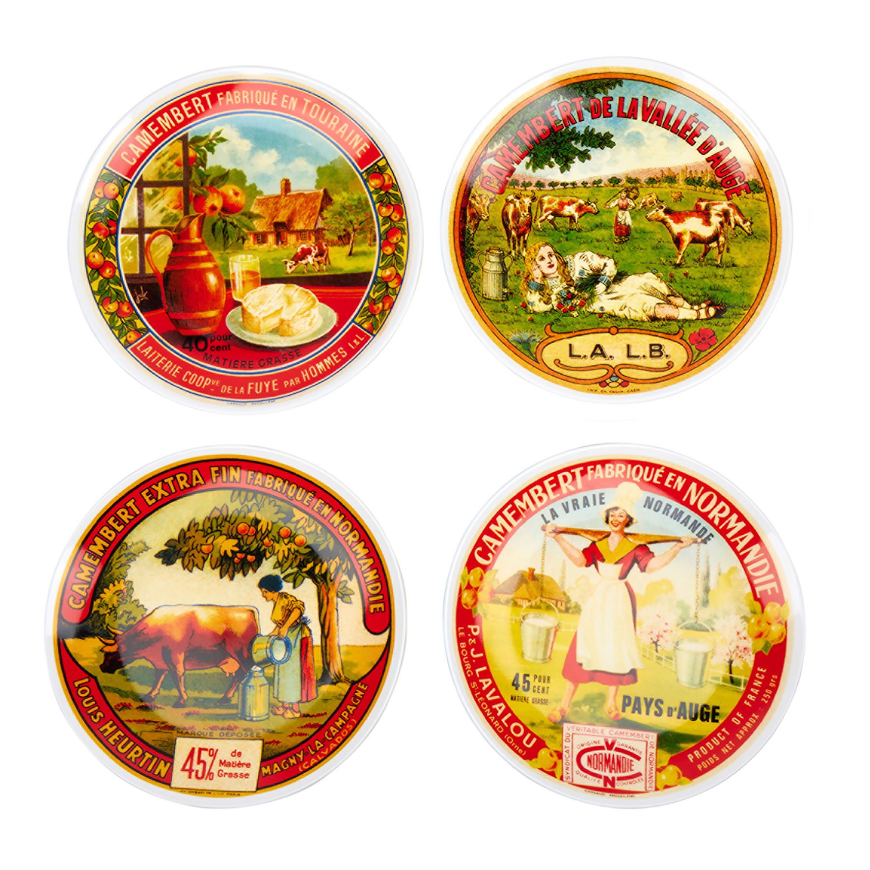 Image de Collection de 4 assiettes à fromage Ø 20,5 cm. Thème boîtes à Camembert. Lot de 4 Assiettes à dessert + coffret cadeau