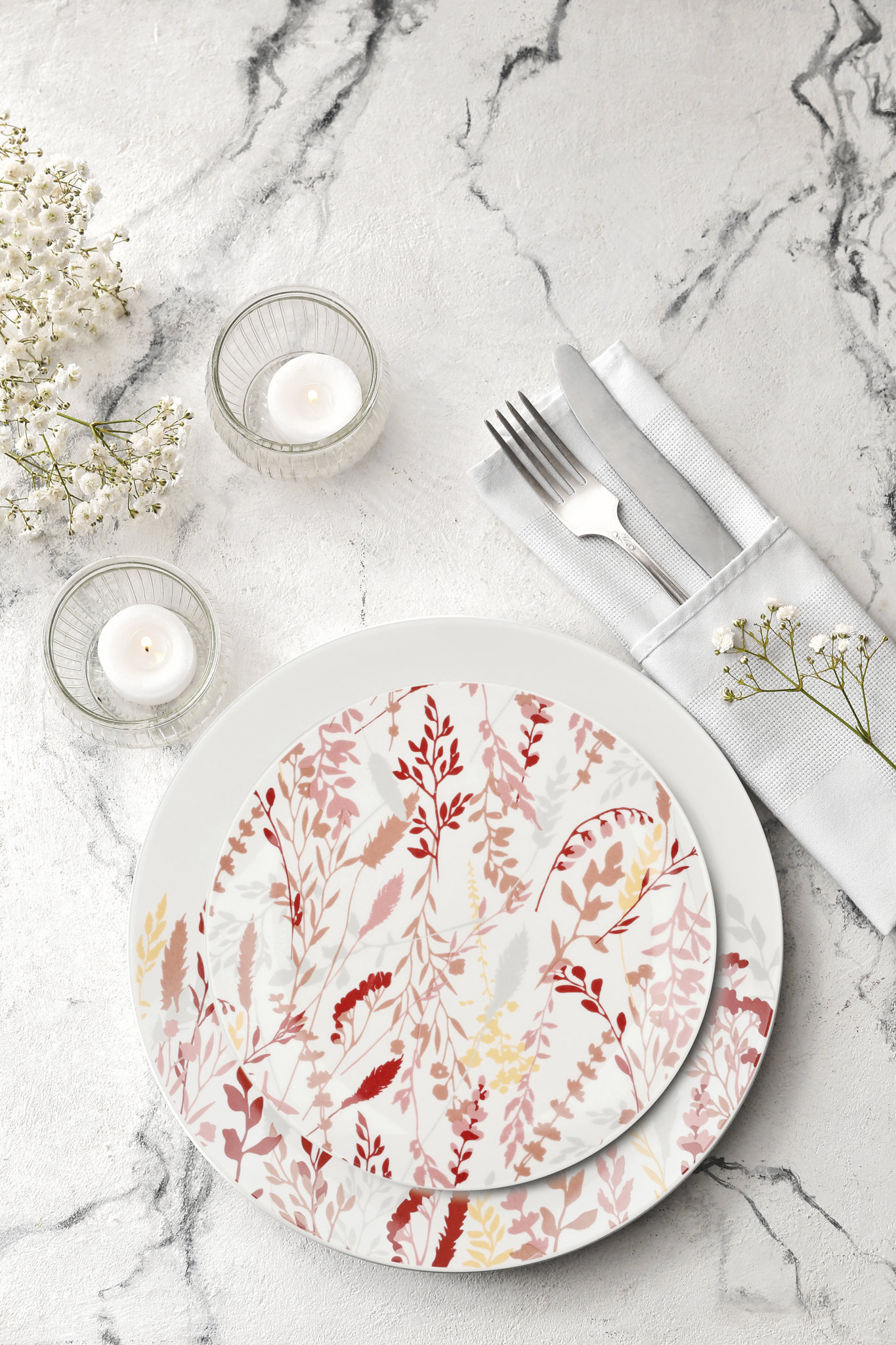 Picture of Service de Table en Porcelaine de 18 pièces pour 6 Personnes - Assiettes Plates, Assiettes Creuses, Assiettes à Dessert - Décor Champêtre NEOBOUDOIR