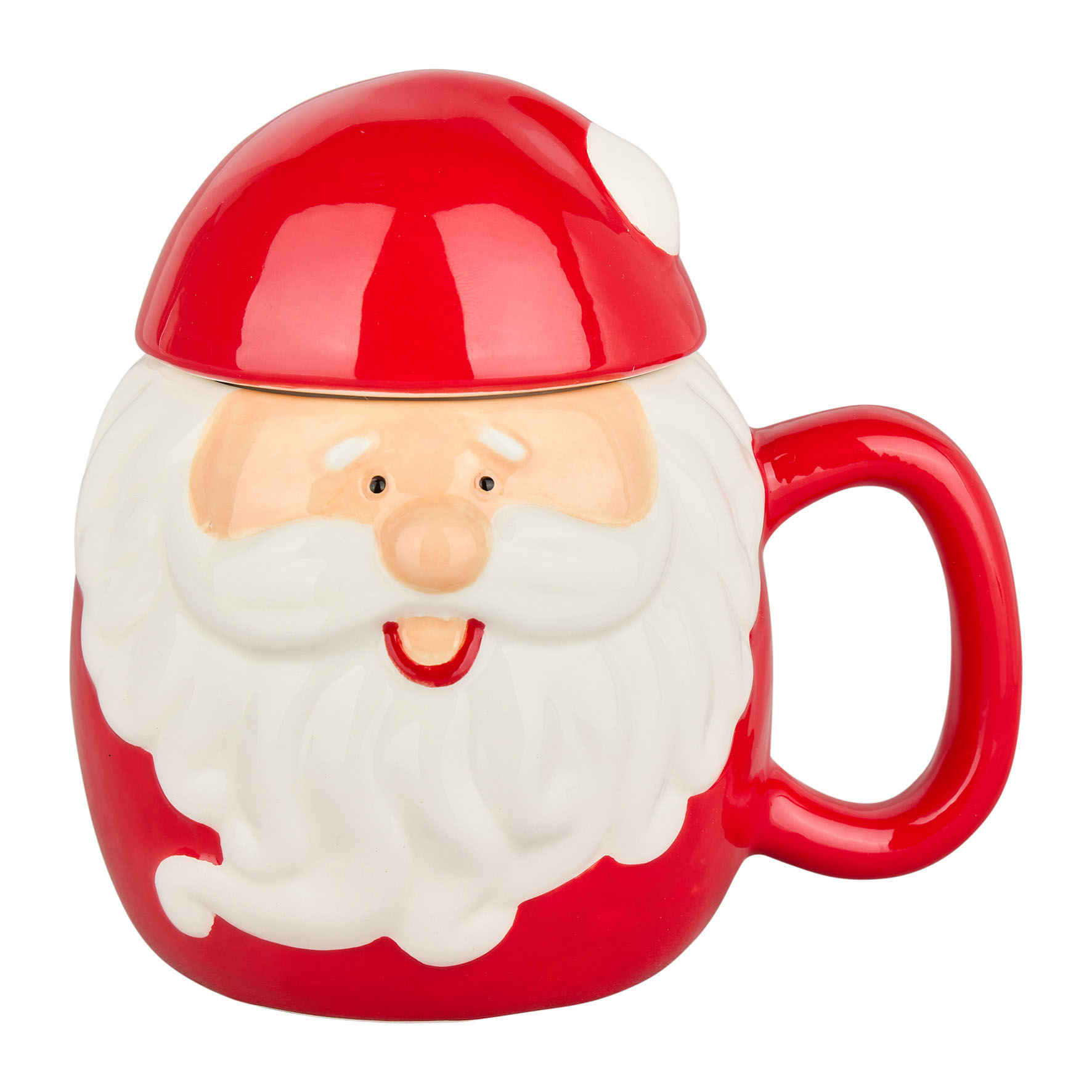 Picture of Mug 40 cl Dolomite Gamme SANTA FAMILY Ø 9.5 cm H 14 cm Coloris Blanc-rouge Décor Père Noël Avec 1 couvercle Boule à neige sapin Passe au lave-vaisselle mais Ne passe pas au micro-ondes.